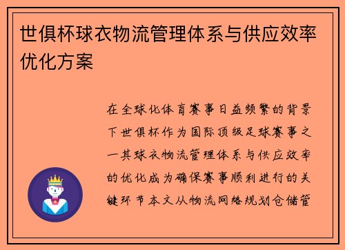 世俱杯球衣物流管理体系与供应效率优化方案